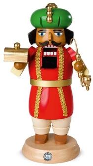 Nussknacker – detailreicher Balthasar mit goldenen Gaben und Räucherfunktion – BxHxT 14 x 27 x 14 cm