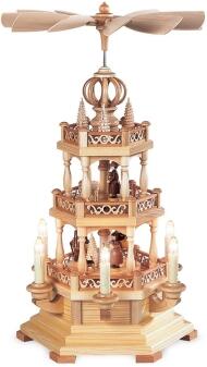 Tischpyramide aus Holz mit naturbelassenem Waldmotiv, Schäfer und Holzfäller, elektrisch beleuchtet,