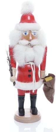 Weihnachtsfigur - Nußknacker Weihnachtsmann Rot mit Geschenkesack und Rute - Ansicht Vorne- Hergestellt im Erzgebirge
