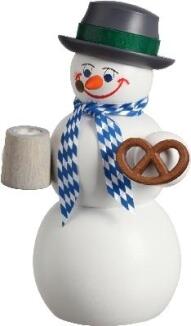 Räucherfigur Schneemann Bayer mit Maßkrug, Lederhose und grünem Hut aus Holz von Seiffener