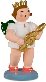 Miniaturfigur Engel mit Notenschlüssel mit Krone bunt aus Holz von KDE-Kunstgewerbliche Drechslerei 