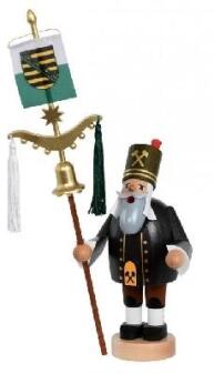 Räuchermann Bergmann mit Schellenbaum in schwarz-weißer Uniform von KWO Olbernhau, detailreiche