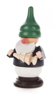 Miniaturfigur Zwerg aus Holz mit grünem Baum und weißem Bart, farbenfroh gestaltet von