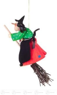 Schnitzerei Hexe mit Kater auf Besen, geschnitzt, zum Hängen Breite x Höhe x Tiefe 7 cmx24 cmx9 cm