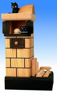 Räucherofen – detailreicher Kamin mit Katze, Klößen und blauer Tasse, naturfarben – BxHxT = 11 x 21