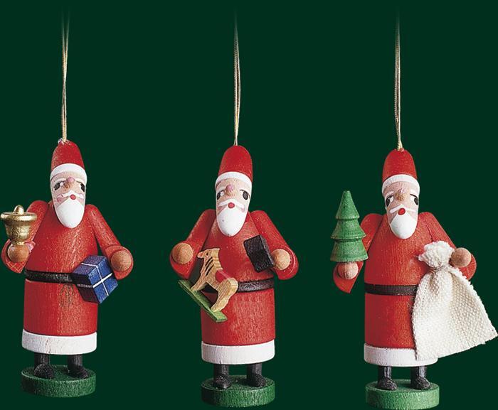 Christbaumschmuck Weihnachtsmänner mit Geschenkesack, Glocke und Pferd aus Holz, detailreich bemalt
