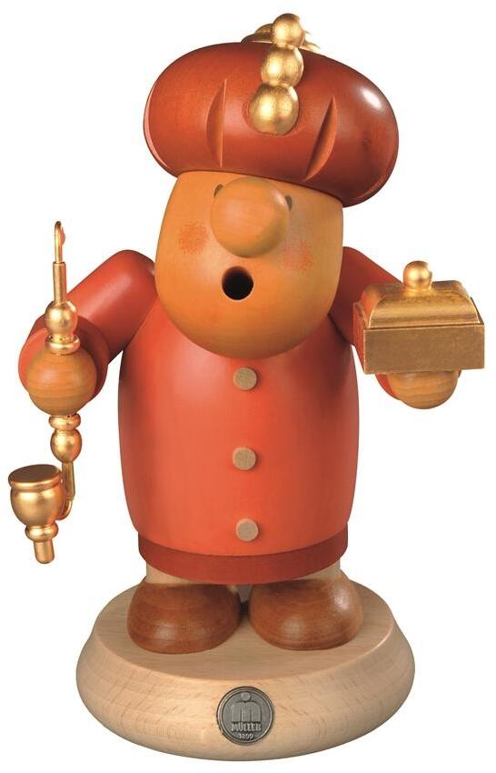 Räuchermann königlicher Melchior mit goldener Krone und orangem Umhang aus Holz von Kleinkunst aus