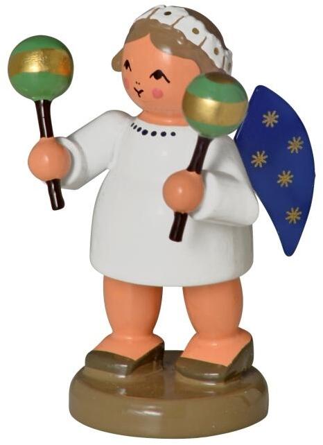 Miniaturfigur Engel mit Maracas im weißen Kleid und blauen Flügeln aus Holz von KWO Kunstgewerbe