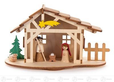 Bastelsatz Krippenstall aus Holz mit Maria, Josef und Kind, Stern, Baum und Zaun von Dregeno, 18 cm