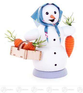 Räucherfigur Schneefrau mit Holz-Möhren und Korb von Großhandel Dregeno, liebevoll gestaltete