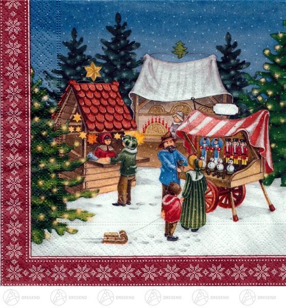 Servietten mit detailreichem Weihnachtsmarkt-Motiv, verschneite Buden, Figuren und Tannen bei Nacht