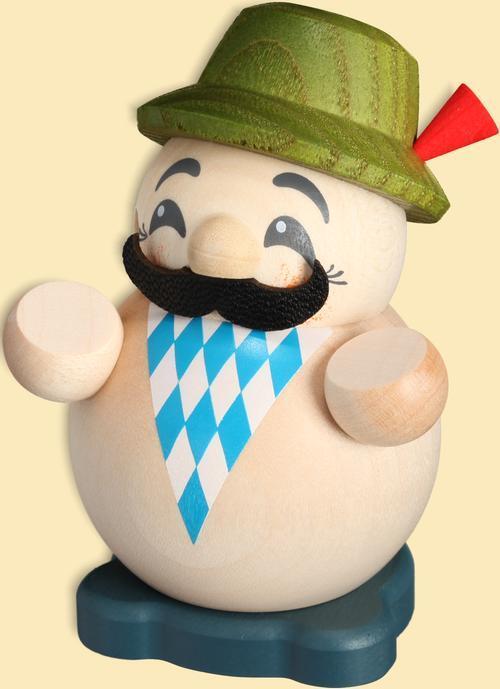 Räucherfigur Bayer aus Holz mit Trachtenhut und Schnurrbart, farbenfroh bemalt von Seiffener