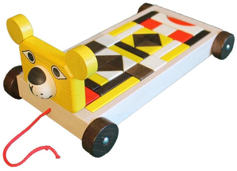 Holzspielzeug bunter Bauwagen Löwe von Erzgebirgische Holzspielwaren Ebert GmbH, ziehbarer Wagen mit