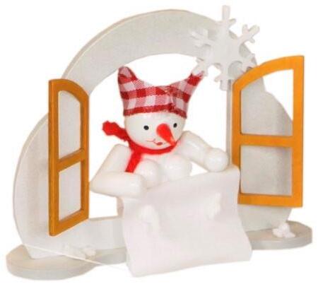 Miniaturfigur winterliche Schnee-Frau Holle mit goldener Schneeflocke im Fenster, weiß-goldenes