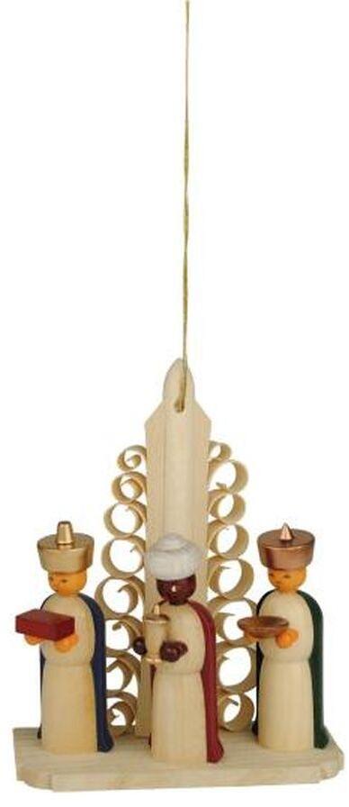 Christbaumschmuck Heilige drei Könige farbig aus Holz mit Geschenken unter Bogen von Holzspielzeug