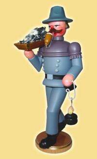 Räuchermann – detailreicher Bergmann mit Froschlampe, grauer Arbeitskluft und Pfeife, bunt gestaltet