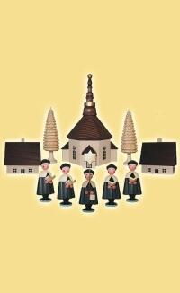 Tischdekoration Seiffener Kirche mit Kurrendefiguren und Häusern aus Holz von Kunsthandwerk Eva