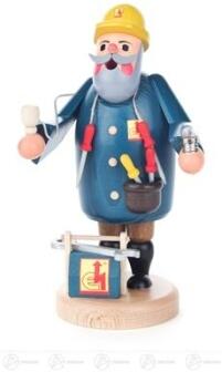 Räuchermann Elektriker mit Werkzeugkasten und gelbem Helm, detailreiche handbemalte Holzfigur von