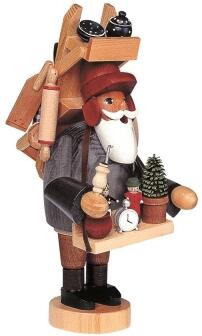 Räuchermann Hausierer mit Bauchladen, grauer Jacke und Pfeife aus dem Erzgebirge, detailreiche