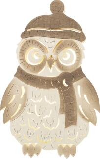 Fensterbild – winterliche Eule mit Mütze, filigran geschnitzt, LED-beleuchtet, naturfarben – BxHxT =