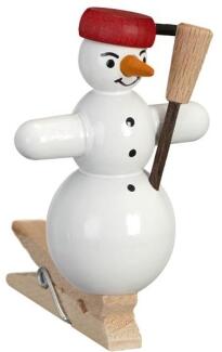 Baumbehang – Handgefertigter Schneemann mit roter Pfanne und Klammer aus Holz – Höhe ca. 5 cm