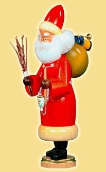 Räuchermann Weihnachtsmann mit rotem Mantel und Geschenkesack aus Holz von Kunsthandwerk Eva Beyer, 