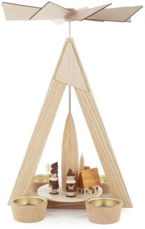 Teelichtpyramide winterliches Dorf Seiffen mit Kurrendesängern aus naturfarbenem Holz von