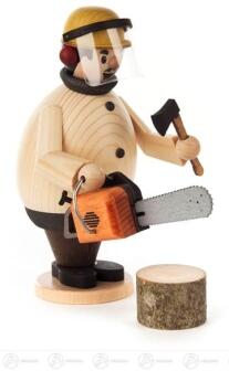 Räuchermann Handwerker mit Kettensäge, blauer Hose und roter Jacke aus Holz von Großhandel Dregeno,
