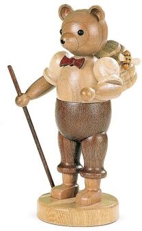 Bärensammelfigur – naturbelassener Bärenmann mit Stock und Honigfass – H 15 cm