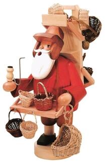 Räuchermann Korbhändler mit roter Jacke, braunen Hosen und Pfeife, detailreiche Holzfigur von KWO