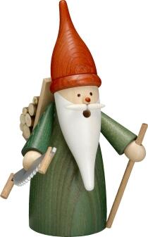 Räuchermann Waldwichtel mit Säge und Holzgestell, handgefertigte Holzfigur von Seiffener Volkskunst