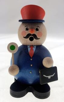 Räuchermann – detailreicher Schaffner mit roter Kelle und blauem Kittel aus Holz – BxHxT 8,5 x 12 x 