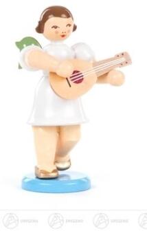 Engel mit Mandoline aus Holz, kurzer Rock, farbig gestaltet, Erzgebirge Figur von Großhandel