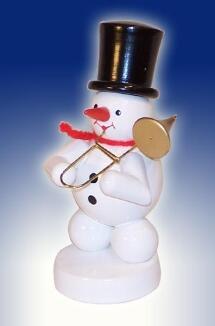 Schneemann – fröhlich bemalt mit Zylinder und goldener Trompete, winterliche Farben – H = 8 cm