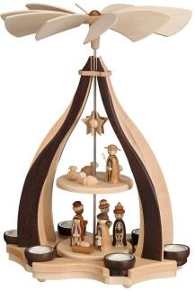 Weihnachtsdekoration Tischpyramide Christi Geburt natur aus Holz mit Teelichtern, Krippenszene und