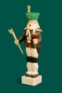 Räuchermann – farbenfroher Bergmann mit Hacke und rotem Grubenlicht, grün-weiß bemalt – BxHxT = 6 x 