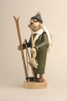 Räuchermann – detailreicher Skifahrer mit grüner Jacke, Ski und Pfeife – BxHxT = 12 x 27 x 12 cm