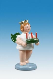Holzfigur Engel mit Adventskranz und Krone Höhe 6cm