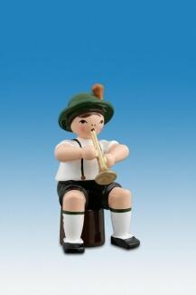 Holzfigur Musikanten mit Hut und Trompete sitzend Höhe 7cm