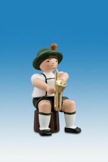 Holzfigur Musikanten mit Hut und Saxophon sitzend Höhe 7cm