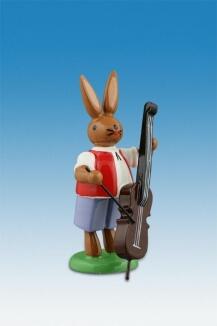 Osterfigur – detailreich bemalter Osterhase mit Bassgeige in stehender Haltung – BxHxT ca. 4x7,5x4