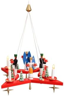Lichterkranz – detailreicher Stern mit Engel, Bergmann und Rauhreifbäumen, elektrisch rot – BxHxT = 