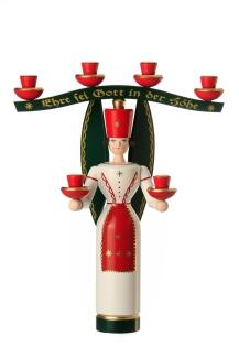Lichterfigur farbiger Engel mit grünem Joch und sechs Kerzentüllen aus Holz, Seiffener Volkskunst eG