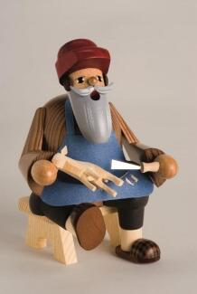 Räuchermann – detailreicher Schnitzer mit Holzpferd, brauner Jacke und Pfeife – BxHxT = 10 x 16 x 10