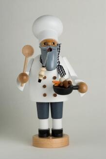 Räuchermann – fröhlicher Koch in bunter Uniform mit Pfanne und Kochlöffel, detailreich bemalt –
