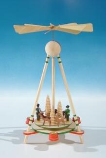 Stabpyramide – Jagdmotiv naturfarben bemalt mit sanftem Drehmechanismus – BxHxT ca. 22 x 33 x 22 cm