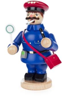 Räuchermann Eisenbahner mit Laterne und Fahrkarte in blau-roter Uniform aus Holz von Großhandel