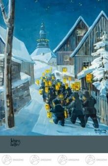 Künstlerkarte – detailreiches Wintermotiv „Mettengang“ mit Laternenzug durch verschneites Dorf bei