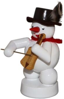 Weihnachtsfigur Schneemann mit Fiedel und schwarzem Hut, detailreich bemalte Holzfigur aus dem