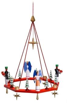 Lichterkranz – toller Adventskranz in Rot mit Engeln & Bergmännern mit goldenen Sternen – BxHxT 38 x